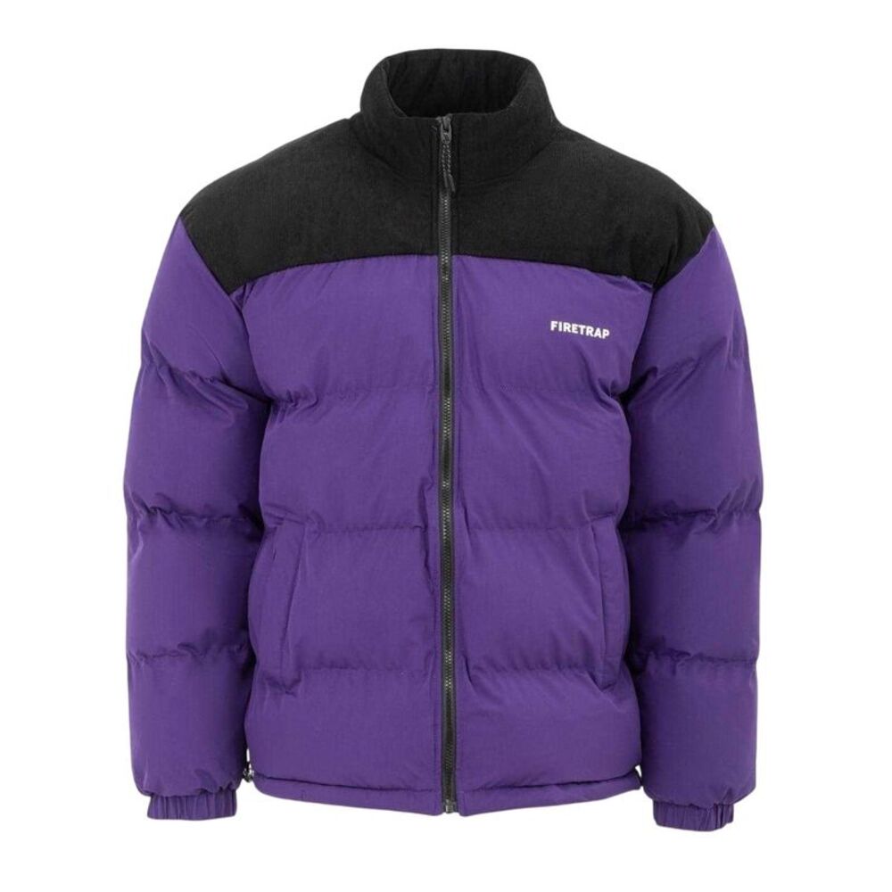 Firetrap Mens Colour Block Corduroy Quilted Puffer Jacket / Purple